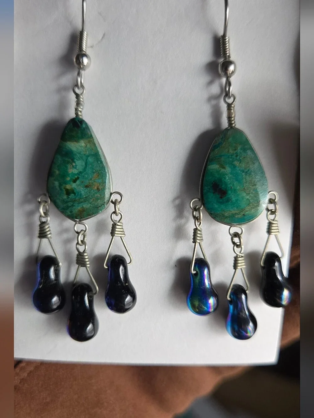 Vintage Turquoise Teardrop Dangle Earrings with Iridescent Black Beads